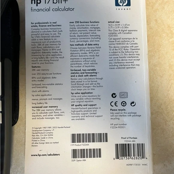 HP 17bII+ Financial Calculator with Case & User Guide - Picture 5 of 9